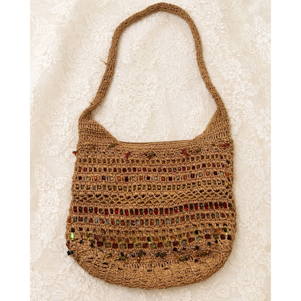 VTG Cappelli Straworld Tan Woven Beaded Shoulder Bag Boho Y2K Festival Costal